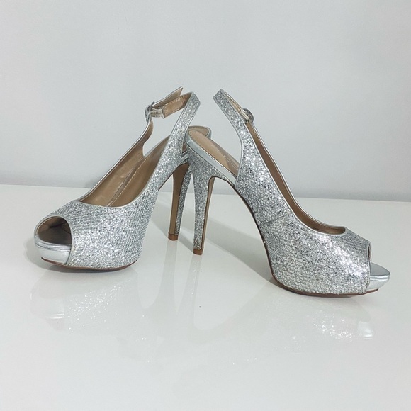 Aldo Silver Glitter Peep Toe Heels - Picture 3 of 11